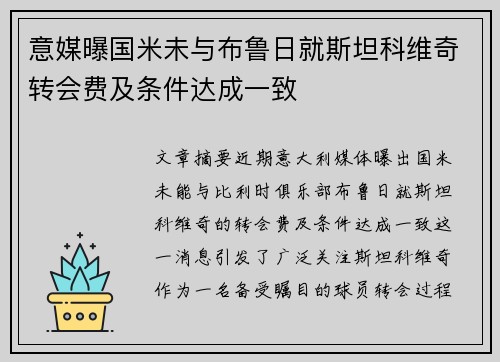意媒曝国米未与布鲁日就斯坦科维奇转会费及条件达成一致