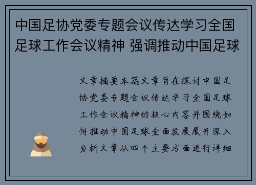 中国足协党委专题会议传达学习全国足球工作会议精神 强调推动中国足球全面发展