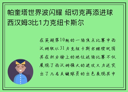 帕奎塔世界波闪耀 绍切克再添进球 西汉姆3比1力克纽卡斯尔
